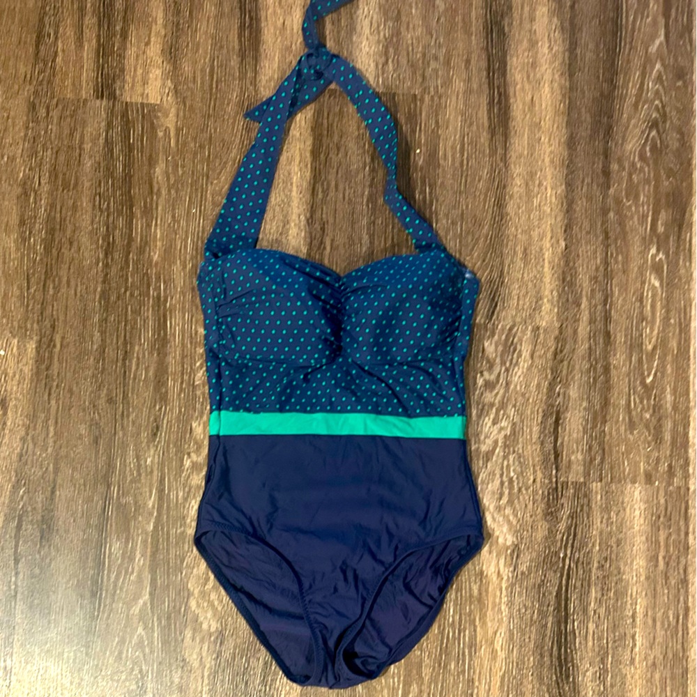 Draper James x HelenJon Blue and Green One Piece Swimsuit with halter strap